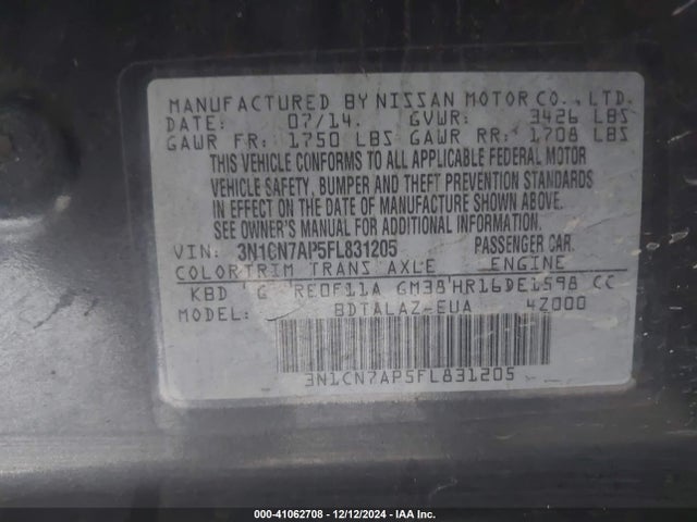 3N1CN7AP5FL831205 Nissan Versa 1.6 S+