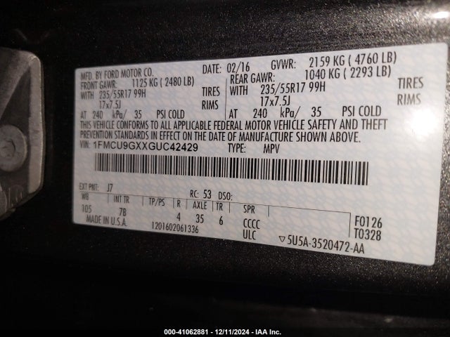 Ford ESCAPE SE 2016 1FMCU9GXXGUC42429 Image 9