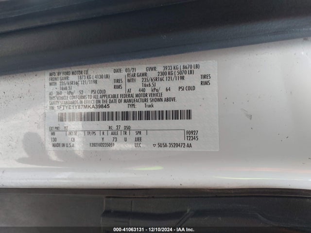 1FTYE1Y87MKA39845 Ford Transit-150 Cargo Van