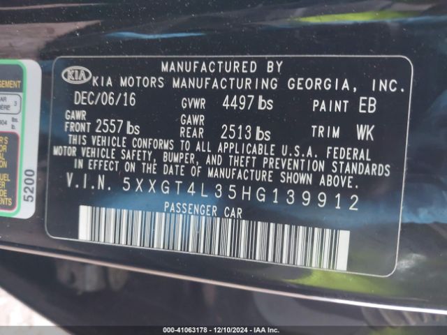 5XXGT4L35HG139912 KIA Optima Lx