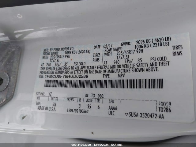 Ford ESCAPE S 2017 1FMCU0F76HUD02589 Image 9