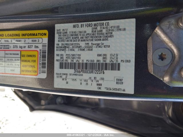 3FA6P0UU3JR122376 Ford Fusion Hybrid S