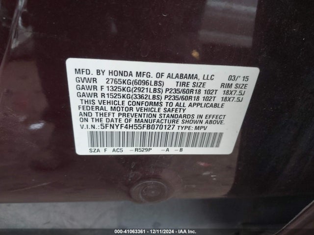 Honda Pilot Ex-l 2015 5FNYF4H55FB070127 Image 9