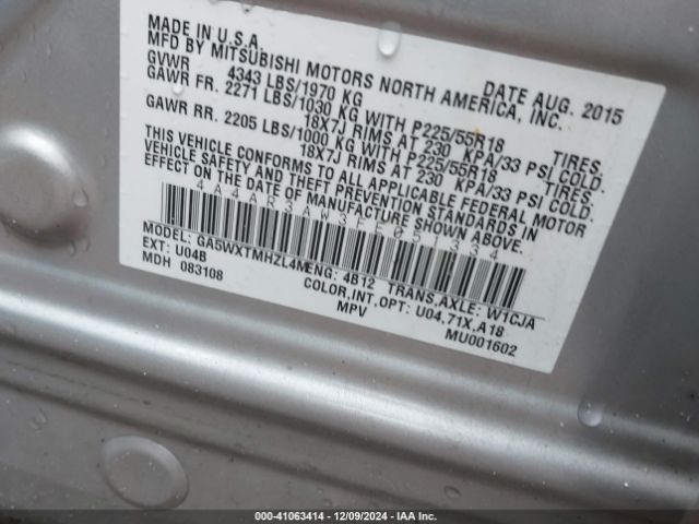 4A4AR3AW3FE051334 Mitsubishi Outlander Sport Es