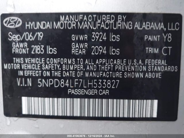 5NPD84LF7LH533827 Hyundai ELANTRA SEL