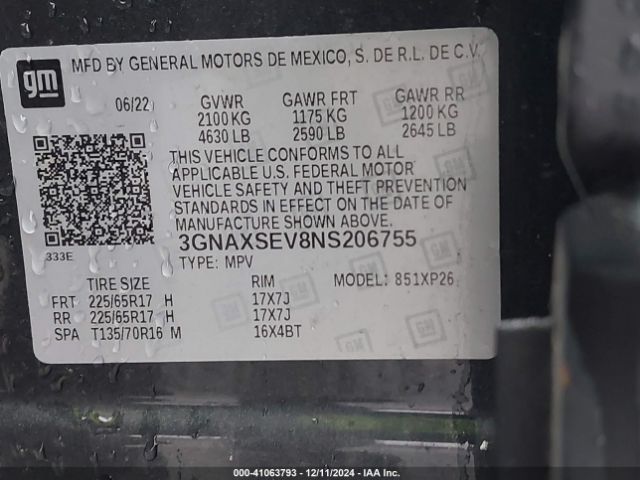 3GNAXSEV8NS206755 Chevrolet Equinox Awd Ls