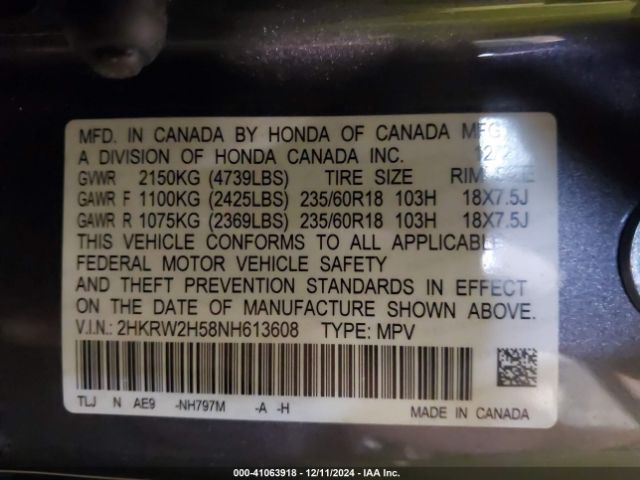 2HKRW2H58NH613608 Honda Cr-v Awd Ex