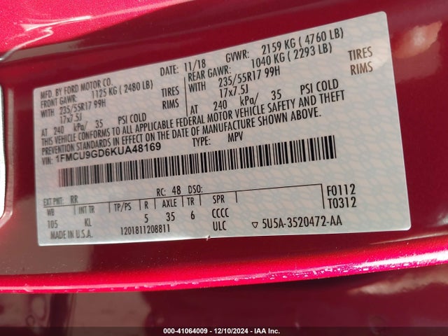 Ford ESCAPE SE 2019 1FMCU9GD6KUA48169 Image 9