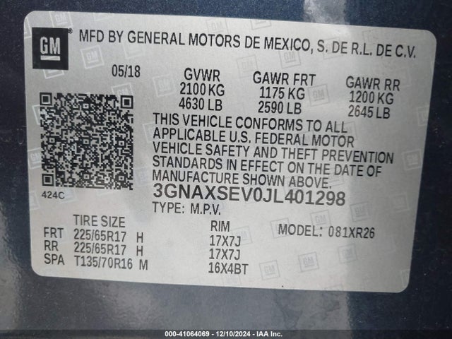 Chevrolet EQUINOX LT 2018 3GNAXSEV0JL401298 Image 9