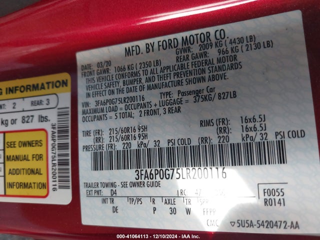 Ford FUSION S 2020 3FA6P0G75LR200116 Image 9
