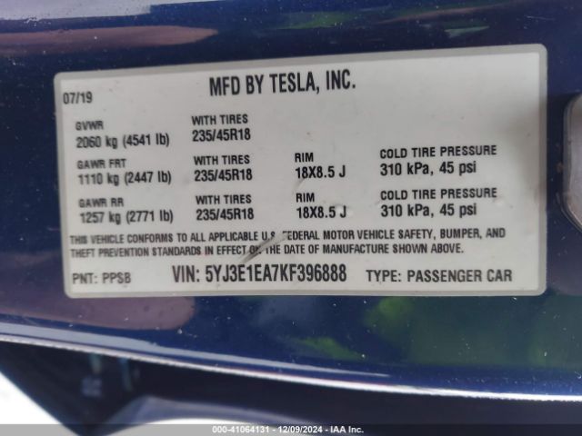 5YJ3E1EA7KF396888 Tesla Model 3 Long Range/mid Range/standard Range/standard Range Plus
