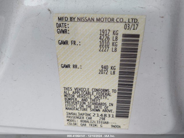 Nissan Altima 2.5 Sv 2017 1N4AL3AP3HC214831 Image 9