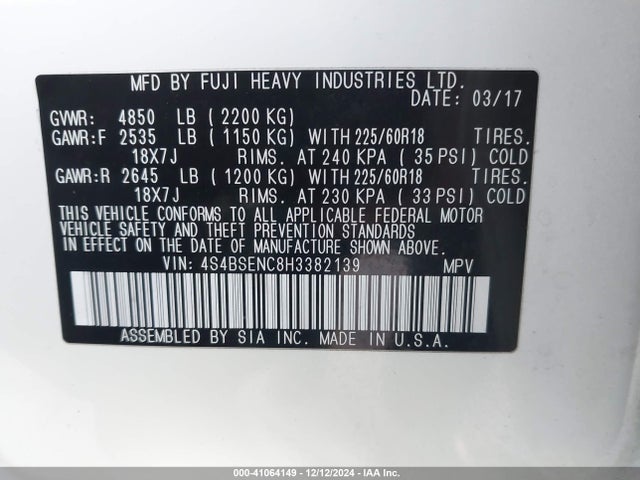4S4BSENC8H3382139 Subaru Outback 3.6r Limited