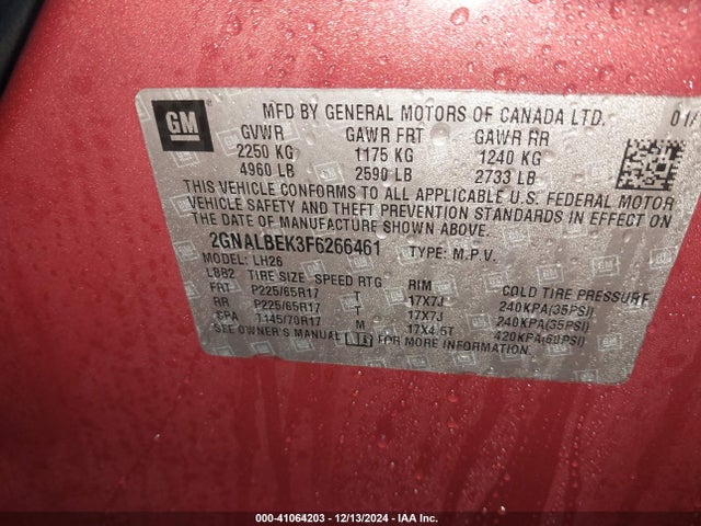 Chevrolet EQUINOX 1LT 2015 2GNALBEK3F6266461 Image 9