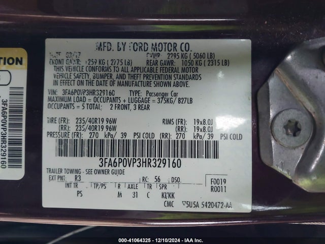 3FA6P0VP3HR329160 Ford Fusion Sport