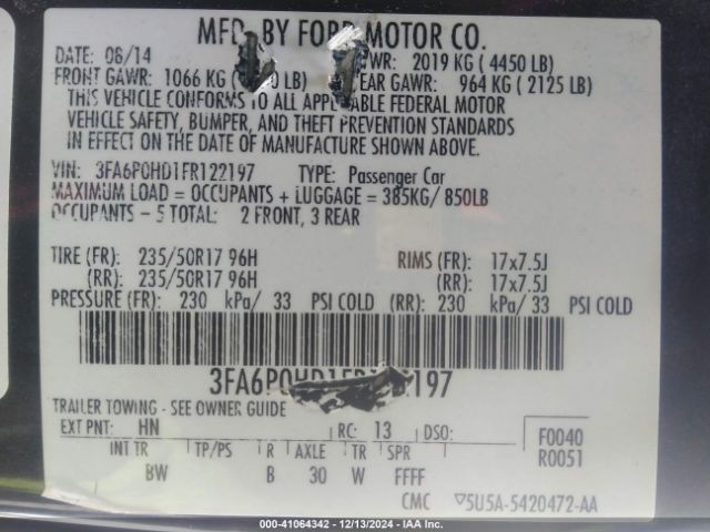 3FA6P0HD1FR122197 Ford FUSION SE
