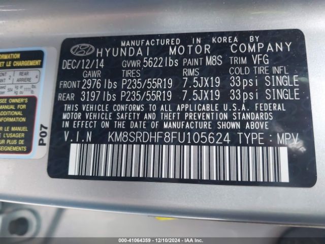 KM8SRDHF8FU105624 Hyundai Santa Fe Limited