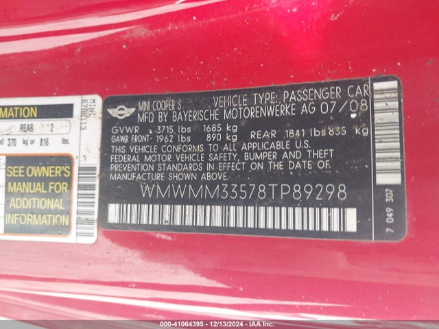 2008 MINI COOPER S CLUBMAN WMWMM33578TP89298 Photo 8