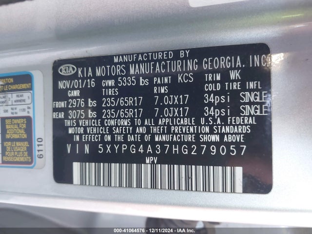 5XYPG4A37HG279057 KIA Sorento 2.4l Lx