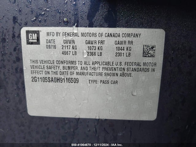 Chevrolet IMPALA 1LT 2017 2G1105SA0H9116509 Image 9