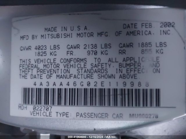 2002 MITSUBISHI GALANT 4A3AA46G02E119988 Photo 8