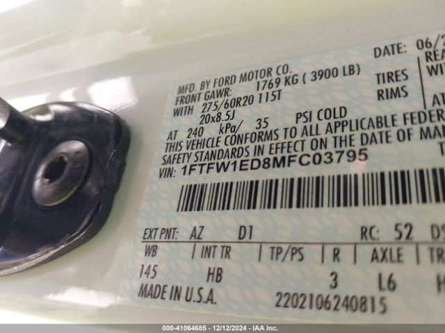 1FTFW1ED8MFC03795 Ford F-150 Lariat