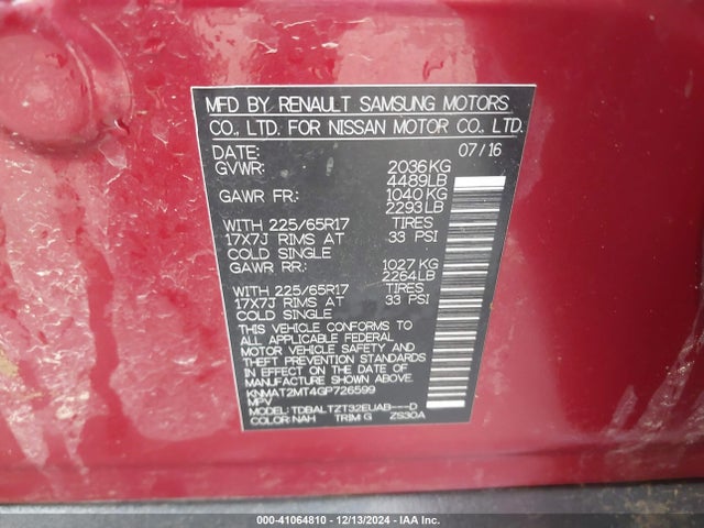 Nissan ROGUE SV 2016 KNMAT2MT4GP726599 Image 9