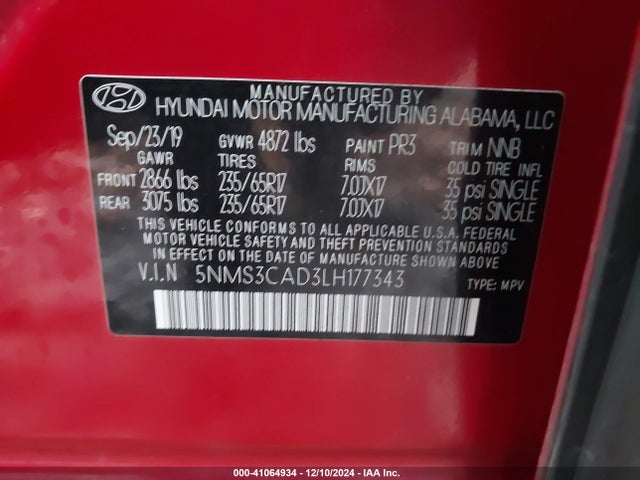Hyundai Santa Fe Sel 2020 5NMS3CAD3LH177343 Image 9