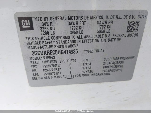 3GCUKREC5HG414935 Chevrolet Silverado 1500 1lt