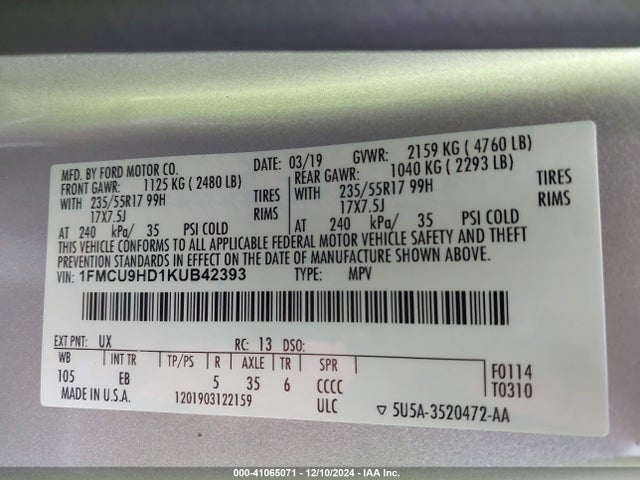 Ford ESCAPE SEL 2019 1FMCU9HD1KUB42393 Image 9