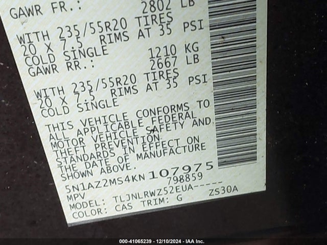 5N1AZ2MS4KN107975 Nissan MURANO SL