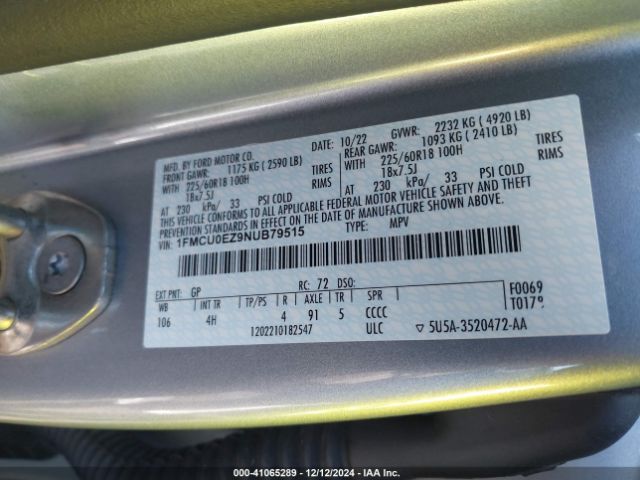 1FMCU0EZ9NUB79515 Ford Escape Se Plug-in Hybrid