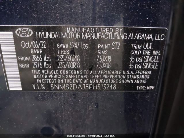 5NMS2DAJ8PH513248 Hyundai Santa Fe Sel