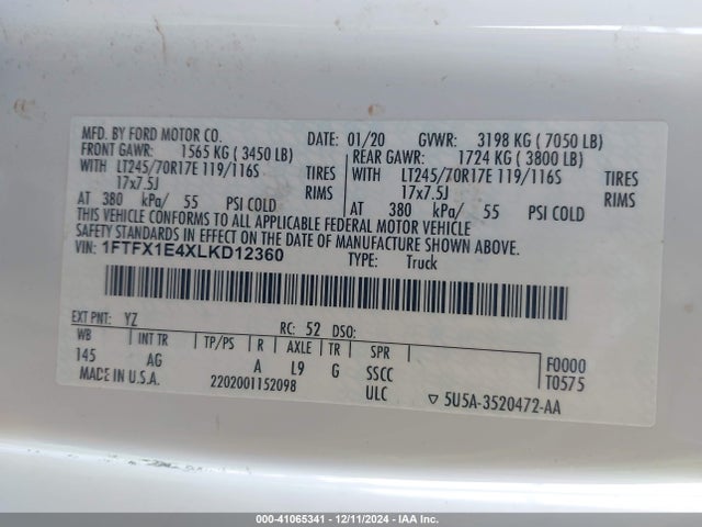 Ford F-150 Xl 2020 1FTFX1E4XLKD12360 Image 9