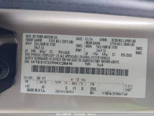 1FTEX1CG7HKC28416 Ford F-150 Lariat