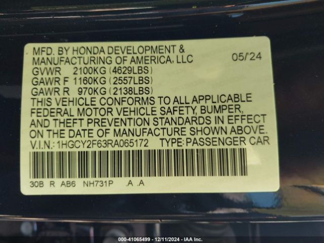 1HGCY2F63RA065172 Honda Accord Hybrid Ex-l