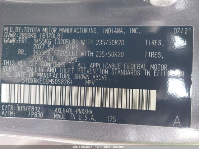 5TDXRKEC6MS058264 Toyota Sienna Xse
