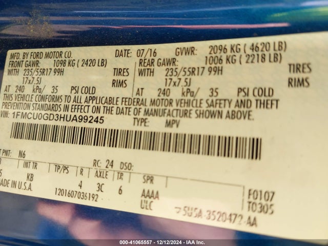 1FMCU0GD3HUA99245 Ford ESCAPE SE