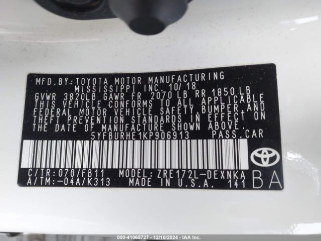 5YFBURHE1KP906913 Toyota Corolla L/le/xle/se/xse