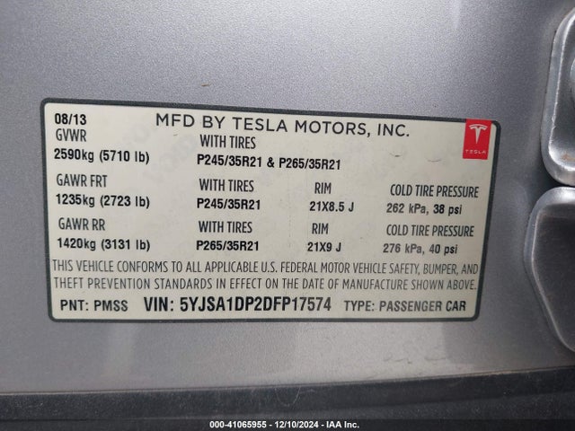 2013 TESLA MODEL S 5YJSA1DP2DFP17574 Photo 8