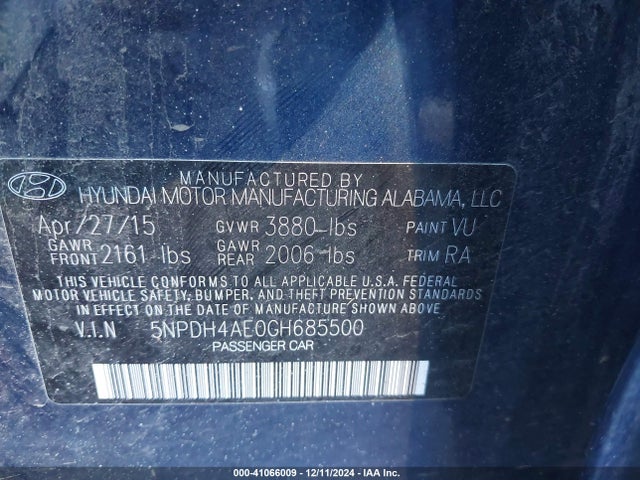Hyundai ELANTRA SE 2016 5NPDH4AE0GH685500 Image 9