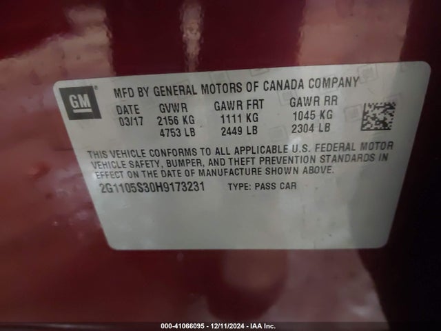 Chevrolet IMPALA 1LT 2017 2G1105S30H9173231 Image 9