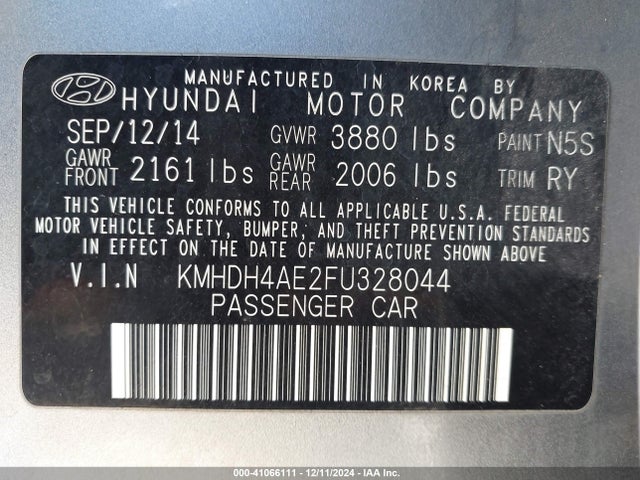 Hyundai Elantra Limited 2015 KMHDH4AE2FU328044 Image 9