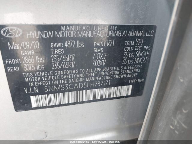 5NMS3CAD5LH237171 Hyundai Santa Fe Sel