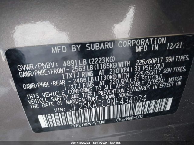 JF2SKAEC8NH434074 Subaru Forester Premium