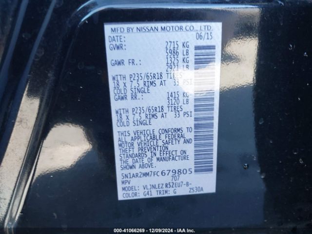 5N1AR2MM7FC679805 Nissan Pathfinder Platinum/s/sl/sv