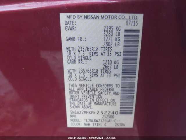 5N1AZ2MHXFN252240 Nissan MURANO SL