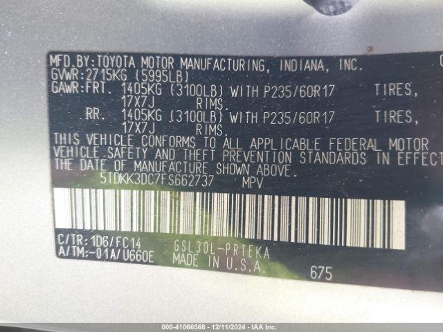 5TDKK3DC7FS662737 Toyota Sienna Le 8 Passenger