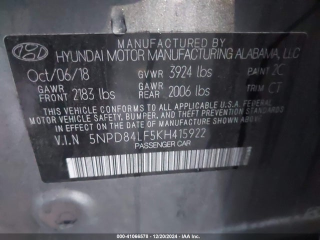 5NPD84LF5KH415922 Hyundai ELANTRA SEL