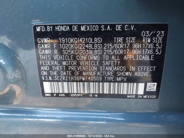 3CZRZ1H36PM740509 Honda Hr-v 2wd Lx